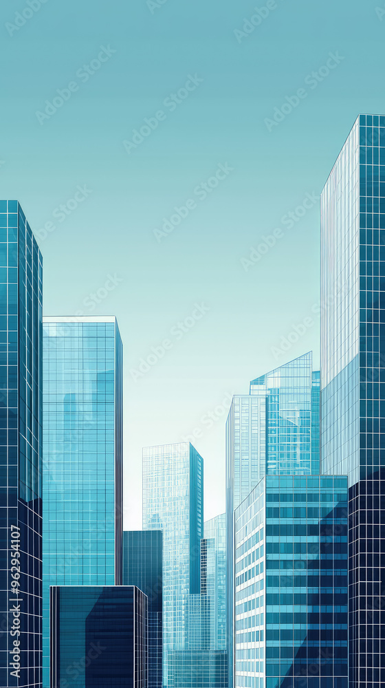 A Minimalist View: Sleek Glass Towers Reach for a Pale Blue Sky A Minimalist View: Sleek Glass Towers Reach for a Pale Blue Sky