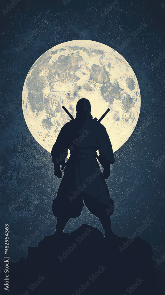 A lone ninja stands silhouetted against a luminous full moon, radiating an air of quiet strength and mystery. A lone ninja stands silhouetted against a luminous full moon, radiating an air of quiet strength and mystery.