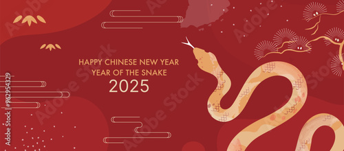 2025 Chinese New Year Banner. Year of the Snake Card Template Design with Golden Snake and Traditional Oriental Background. Asian Holidays Lunar New Year Decorations.