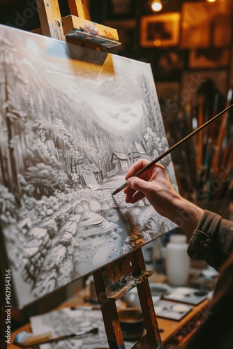 Cyborg hand holds paintbrush applying strokes to black, white canvas landscape of serene mountain scene with river, trees. Dark wood panelled wall background with art supplies scattered around. photo