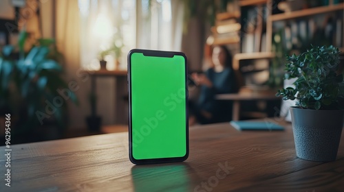 Smartphone with Green Screen on Wooden Desk in Cozy Home Office
