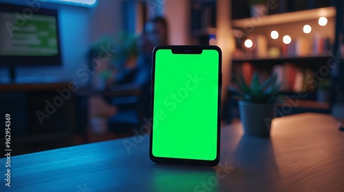 Smartphone with Green Screen on Wooden Desk in Cozy Home Office
