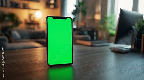Smartphone with Green Screen on Wooden Desk in Cozy Home Office
