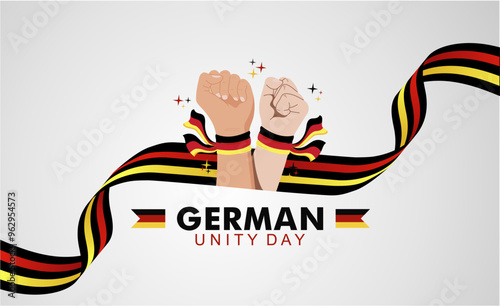 34th Anniversary of German Unity Day 3rd October 2024 Banner with Raised Hand and Germany Flag Ribbon Illustration. "Tag der Deutschen Einheit 2024" Translation : German Unity Day 2024.