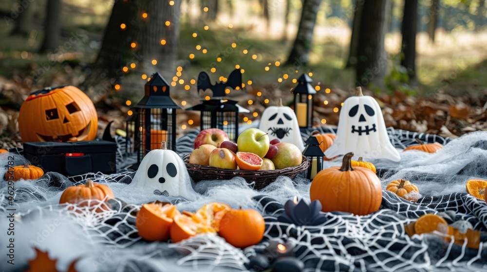 An enchanting Halloween picnic with creatively decorated fruit like spooky apples and ghostly grapes enhances the festive atmosphere with lanterns and pumpkins. An enchanting Halloween picnic with creatively decorated fruit like spooky apples and ghostly grapes enhances the festive atmosphere with lanterns and pumpkins.