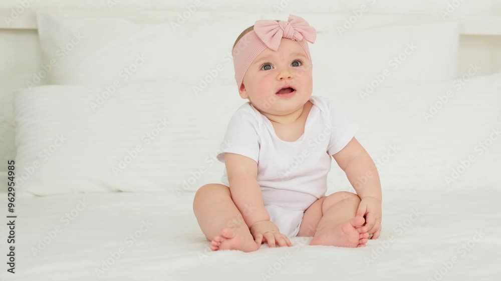 A baby girl is smiling at home on a white bed with a bow on her head, a happy healthy baby of six months A baby girl is smiling at home on a white bed with a bow on her head, a happy healthy baby of six months