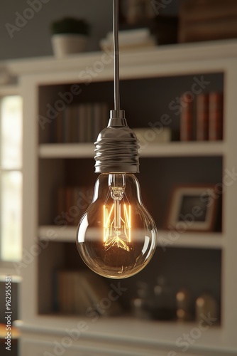 A single glowing lightbulb hanging from a wire in a dimly lit, modern room