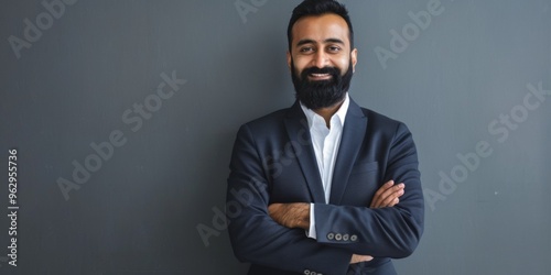 Happy mid aged business man ceo standing in office arms crossed Smiling mature confident professional executive manager proud lawyer confident businessman leader wearing blue suit port