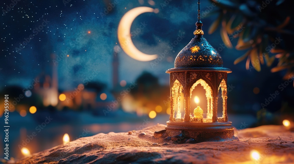 Fototapeta premium Festive poster: beautifully designed Happy Mawlid al-Nabi banner, capturing spirit of reverence, celebration with elegant typography, decorative elements for this important day in Islamic tradition.