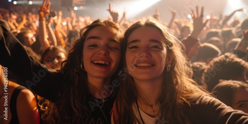 Two young women, smiling and taking a selfie at a concert with their phones, symbolizing friendship, fun, music, excitement, and happiness. Generative AI