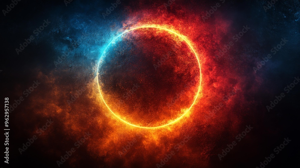 Obraz premium Fiery Ring of Light Surrounded by Blue and Red Nebula Generative AI