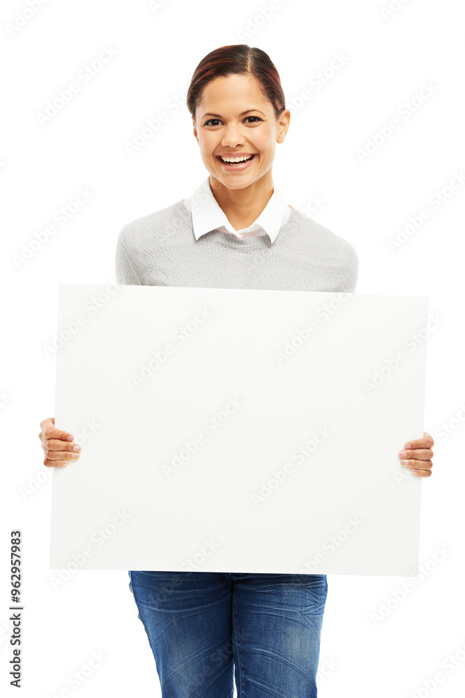 Woman, employee and portrait with poster in studio with white background and mockup space. Female person, sign board and happy with presentation for marketing, promo and advertising with information Woman, employee and portrait with poster in studio with white background and mockup space. Female person, sign board and happy with presentation for marketing, promo and advertising with information