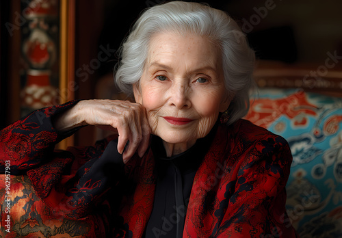 Woman resting her chin on her hand while seated in a chair. photo