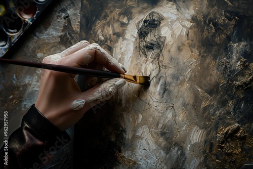 Cyborg hand holds white paintbrush with black glove. Artist poised to create art on dark brown canvas with gold background. Low-angle shot emphasizes brush, hand as main subjects in creative process. photo