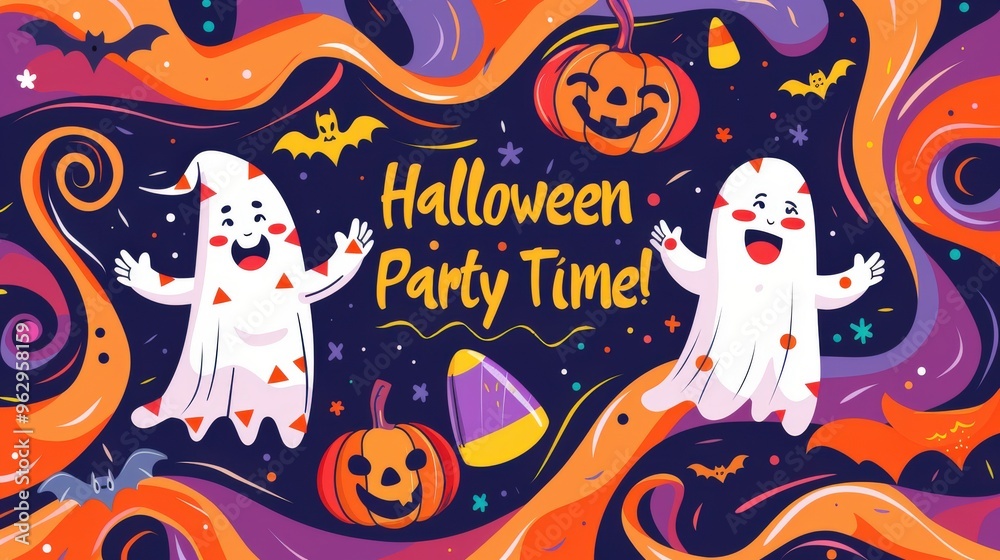 In a festive design, a Halloween banner features colorful elements like candy corn and bats, with In a festive design, a Halloween banner features colorful elements like candy corn and bats, with