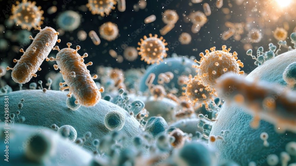 Close up of bacteria and virus cells. Biology, Science medicine background