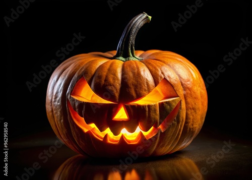 A carved orange pumpkin sits menacingly on a black background, its glowing eyes and mouth seeming to leer