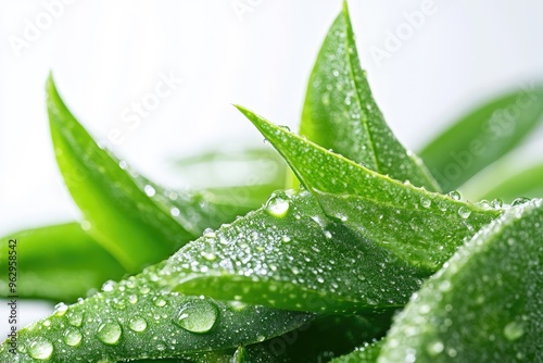 Fresh green leaves sparkling with water drops macro