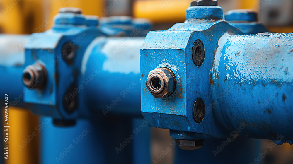 Close-up of blue pipe bolts on a steel frame, industrial background Close-up of blue pipe bolts on a steel frame, industrial background