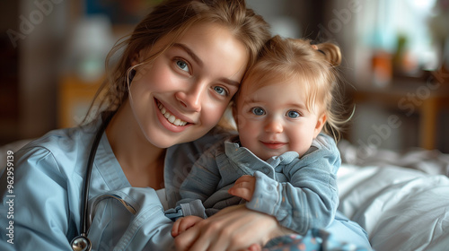 Mother, baby and stethoscope of pediatrician for healthcare consulting, check lungs and breathing for heartbeat. Doctor, happy infant kid and chest assessment in clinic, hospital and medical analysis.