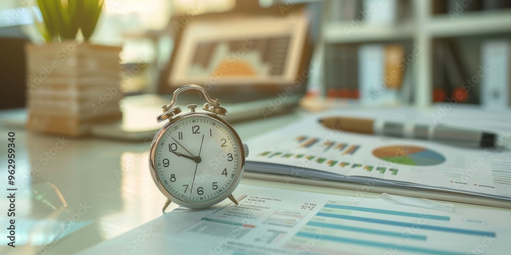 alarm clock on desk, with financial or business report work papers, with blurred office background and sun effect, work concept deadline background alarm clock on desk, with financial or business report work papers, with blurred office background and sun effect, work concept deadline background