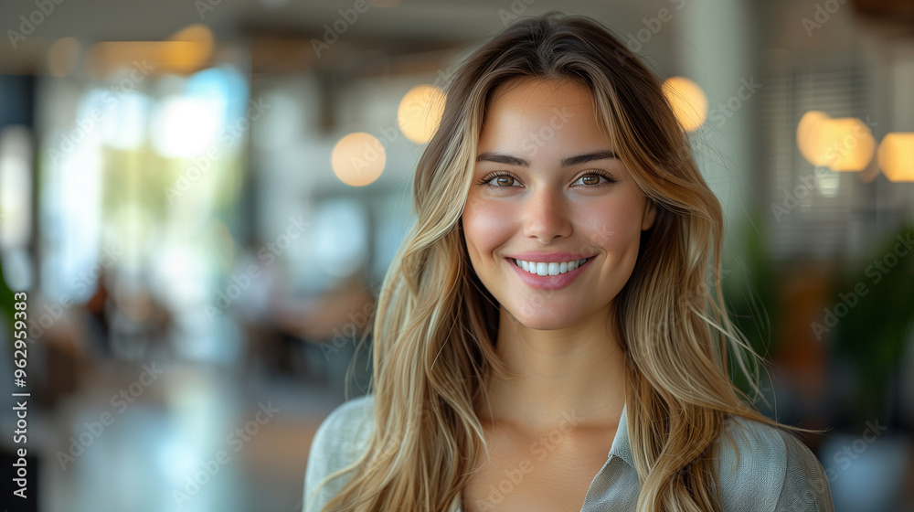 Smiling beautiful elegant businesswoman standing at lobby in a modern business office tower. bright white tone. bright white tone. Smiling beautiful elegant businesswoman standing at lobby in a modern business office tower. bright white tone. bright white tone.