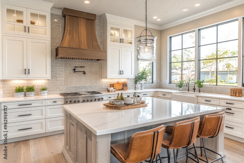 Fototapeta premium Modern farmhouse kitchen boasting white cabinets and large island