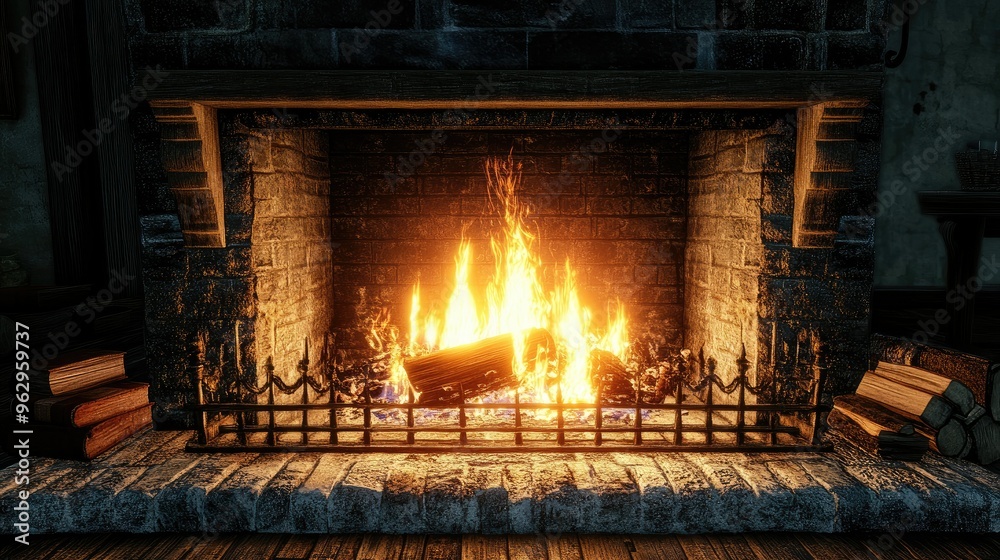 Cozy fireplace with crackling flames Cozy fireplace with crackling flames