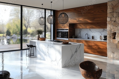 Modern kitchen design featuring a large marble island and wooden cabinets photo