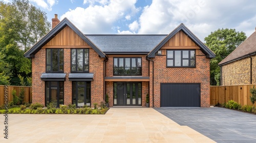Modern brick home with slate roof and large driveway on sunny day