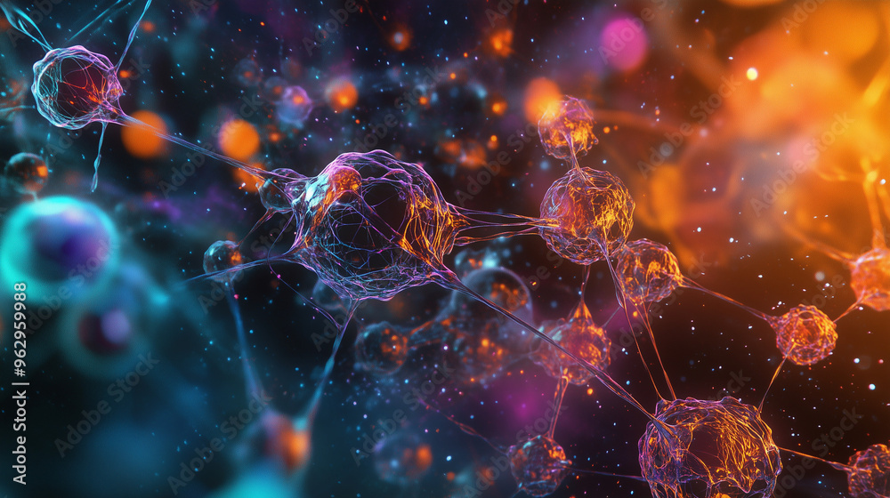 Molecular structure with vibrant glowing nodes and orange light Molecular structure with vibrant glowing nodes and orange light