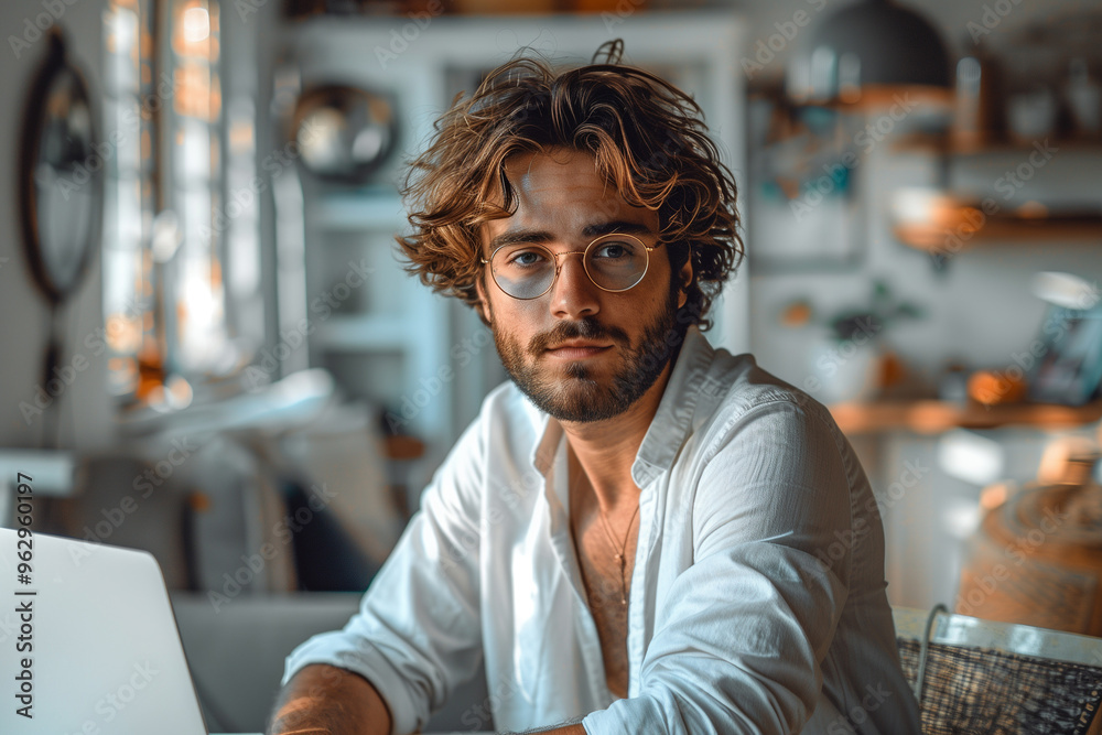 Young entrepreneur in a sleek, white office, working intently on a laptop, minimalist aesthetic. Young entrepreneur in a sleek, white office, working intently on a laptop, minimalist aesthetic.