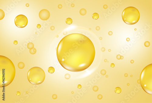 Golden oil bubbles, liquid collagen or serum. Skin care cosmetic product texture or clear essence. Concept skin care cosmetics solution. Vector realistic