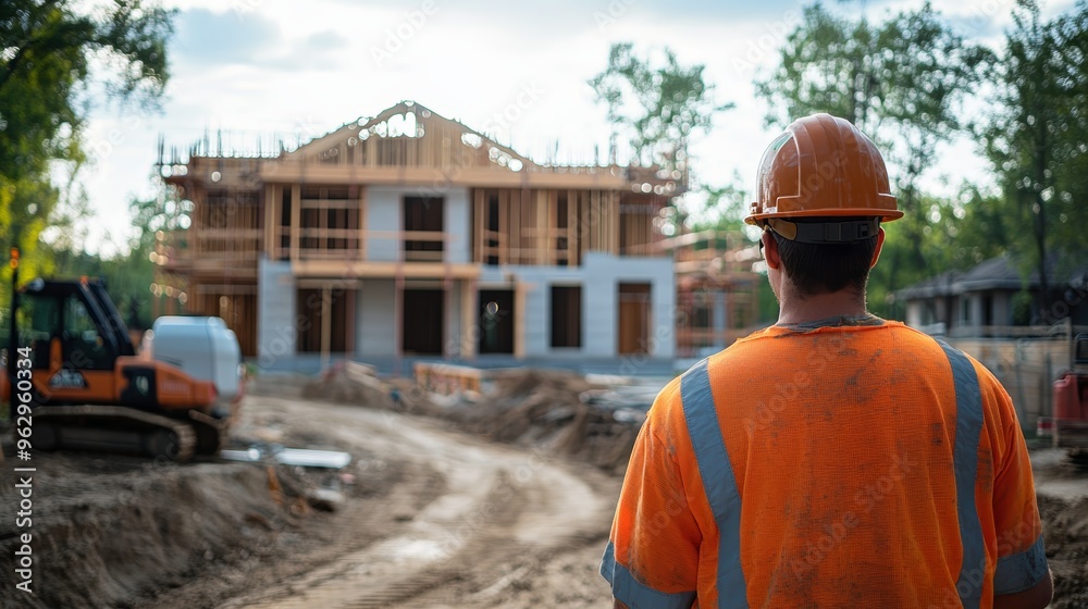 Construction Worker Looking at New Home Under Construction Construction Worker Looking at New Home Under Construction