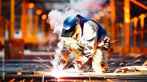 Welder working with sparks in an industrial environment