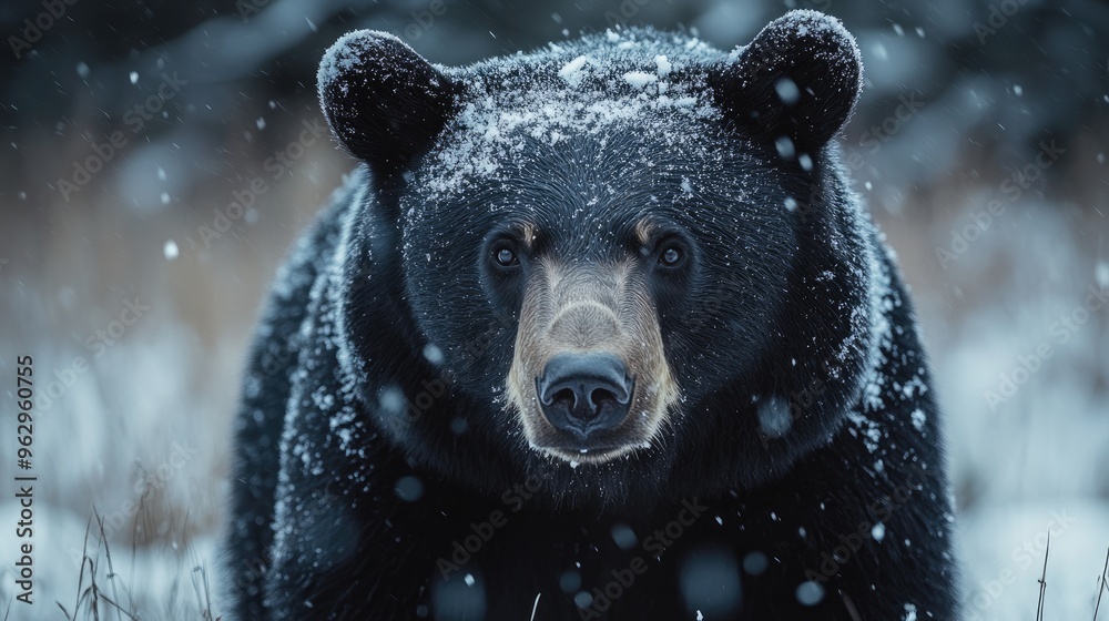 Large black bear standing in snowfall looking ahead Large black bear standing in snowfall looking ahead