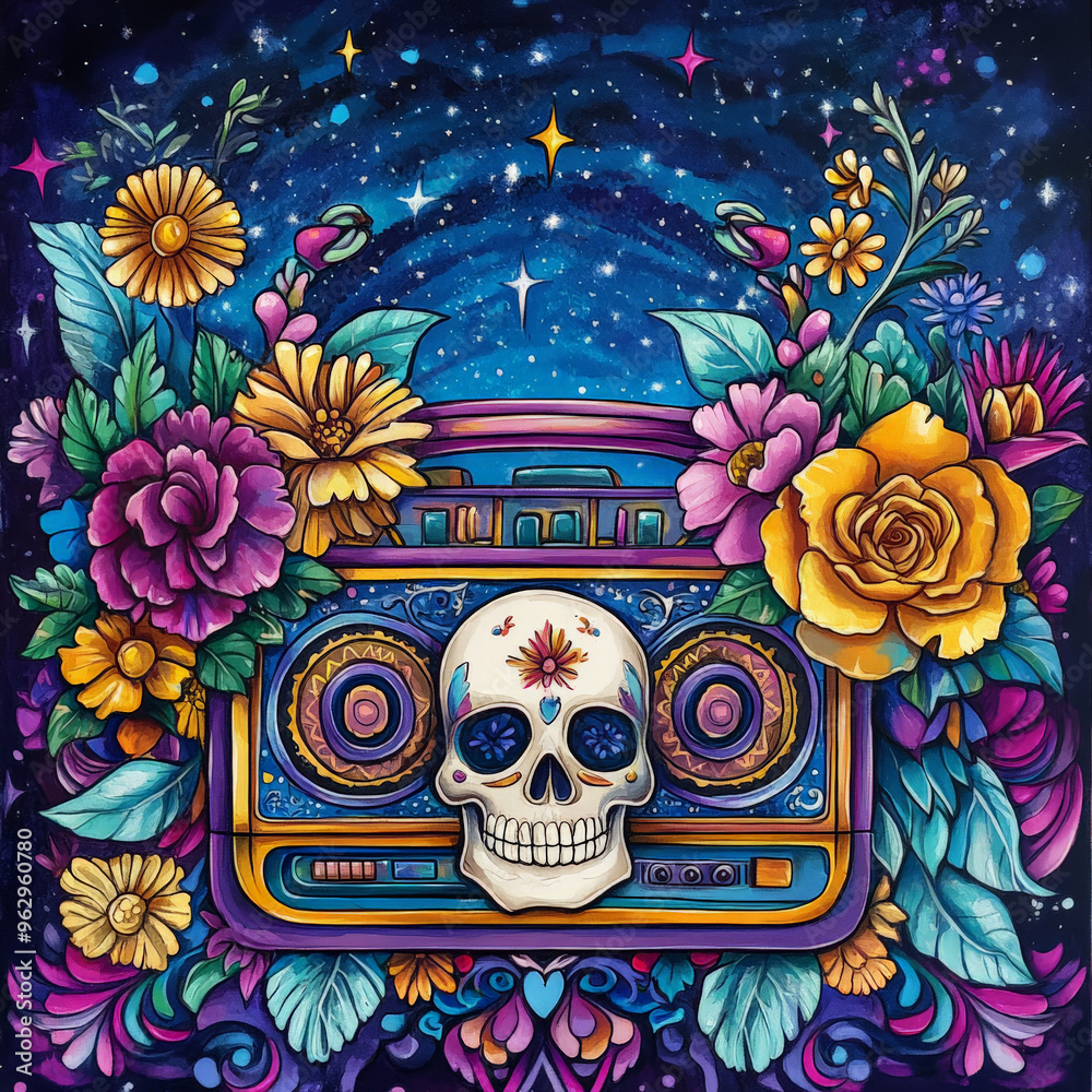 Obraz premium Skull Shaped Boombox Playing Music Surrounded by Flowers - Floral Shadows Days Of The Dead - Vibrant and Symbolic Illustrations