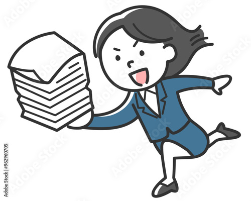 山盛りの書類を差し出すスーツを着た女性社員