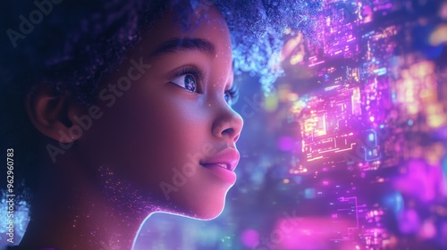 A joyful young girl with big eyes smiles at a vibrant tech world, where soft lights and floating shapes spark her imagination.