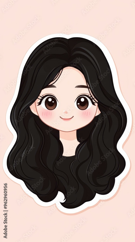 A kawaii sticker featuring an yearold Asian girl with long wavy black hair, grey highlights, and adorable big brown eyes. A kawaii sticker featuring an yearold Asian girl with long wavy black hair, grey highlights, and adorable big brown eyes.