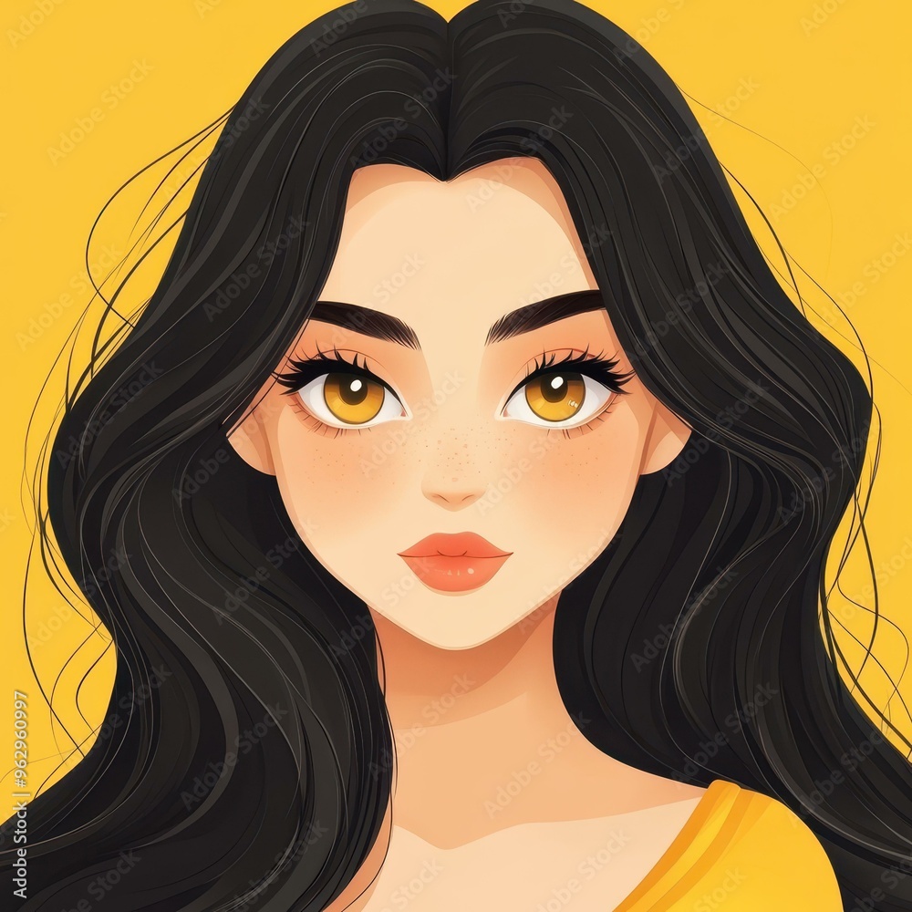 A vibrant representation of a girl in her thirties with long hair, embodying a bright and cheerful personality. A vibrant representation of a girl in her thirties with long hair, embodying a bright and cheerful personality.