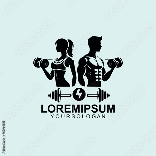 Fitness Center logo. Sport and fitness logo Design . Gym Logo Icon Design Vector Stock, or emblem with woman and man silhouettes.