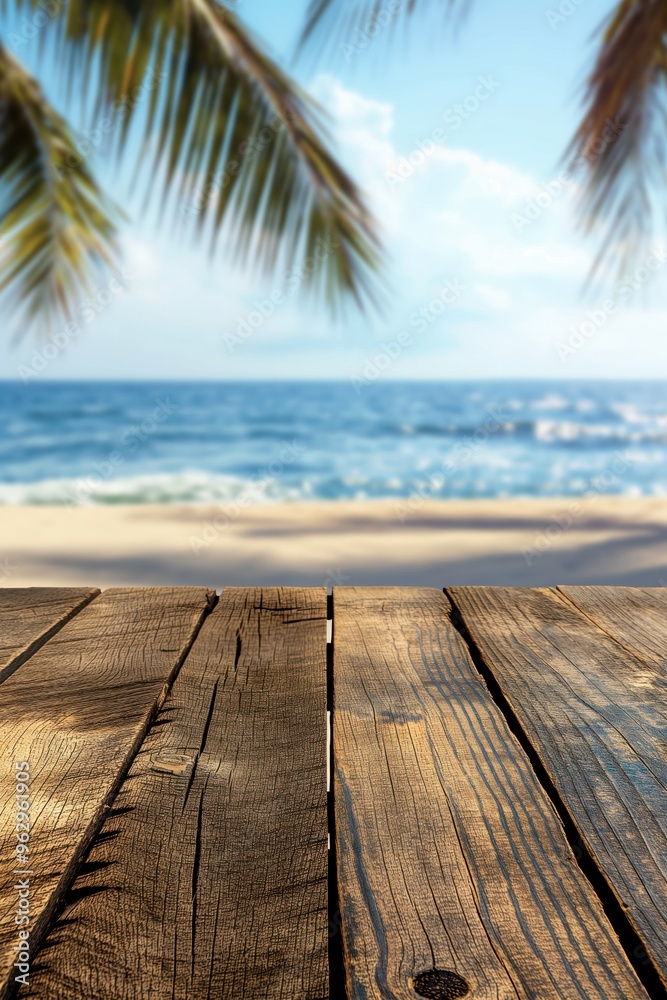 Wooden table on beach with ocean view. Serene coastal scene with sandy shore, palm trees, blue sky. Perfect setting for product display and tech, eco travel content. Wooden table on beach with ocean view. Serene coastal scene with sandy shore, palm trees, blue sky. Perfect setting for product display and tech, eco travel content.