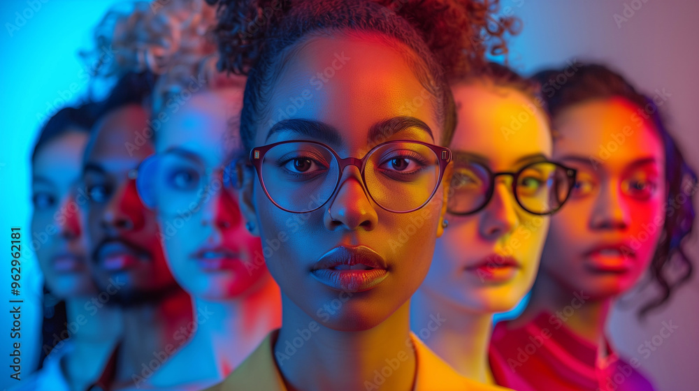 Fototapeta premium Cropped portraits of group of people on multicolored background in neon light.