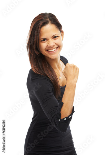 Woman, studio and excited with fist pump for achievement with winning, success and victory on white background. Female person, portrait and happy for accomplishment, bonus or good news on competition