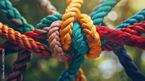 Team rope diverse strength connect partnership together teamwork unity communicate support. Strong diverse network rope team concept integrate braid color background cooperation empower power.