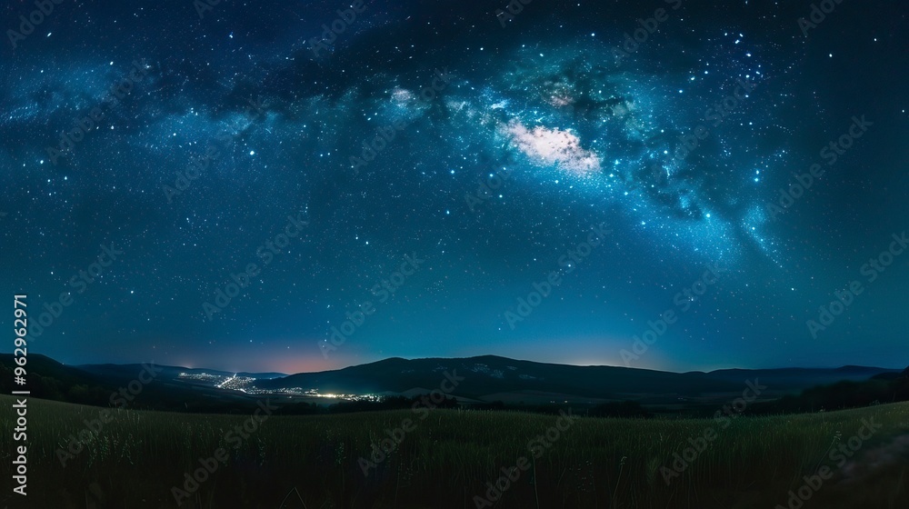 Fototapeta premium Panorama blue night sky milky way and star on dark background