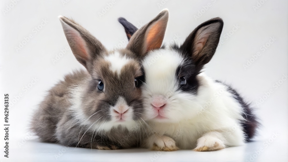 Adorable black and white bunnies snuggle together, their soft fur glistening against a crisp white canvas, creating a Adorable black and white bunnies snuggle together, their soft fur glistening against a crisp white canvas, creating a