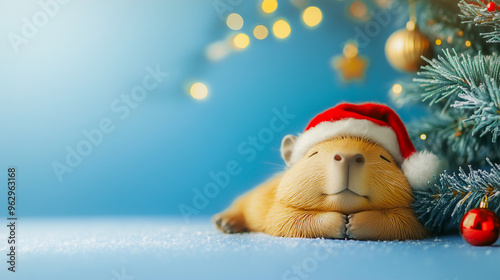 3D Cute capybara wearing santa hat , Christmas day background .