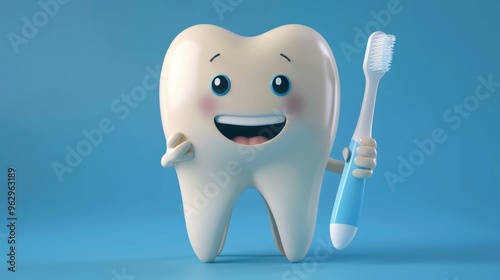 Toy happy smiling healthy teeth holding toothbrush on blue background. Concept of dentistry and healthy teeth